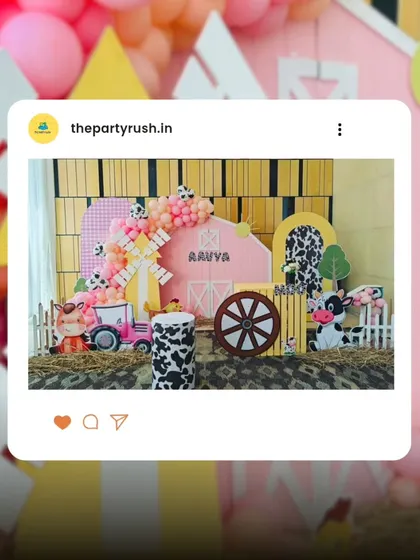 A screenshot showing the Instagram post for Aavya's barnyard bash, highlighting the charming farm-themed setup.