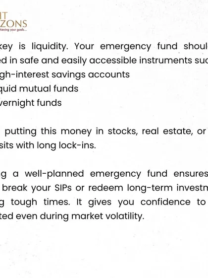 An excerpt from our bulletin explaining where to park an emergency fund. We recommend safe and easily accessible instruments like high-interest savings accounts or liquid mutual funds, and advise against locking this money in stocks or real estate.