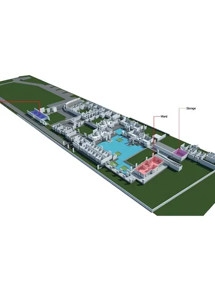The full campus model with all new blocks highlighted, including the administration extension, ward, and storage.
