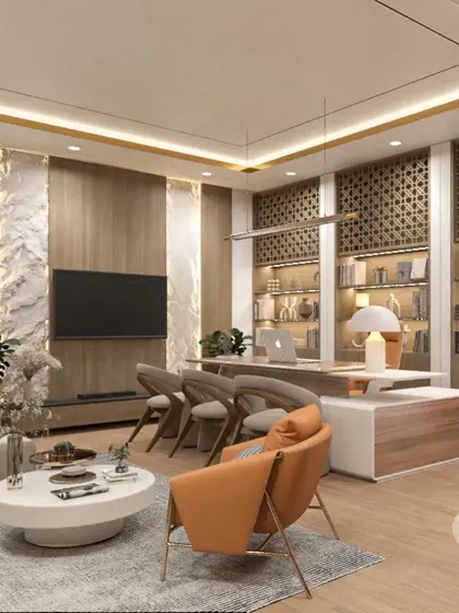 A luxurious and spacious executive office featuring intricate jali work, warm wood paneling, and a comfortable lounge area. This design is perfect for a leader who values both work and relaxation.