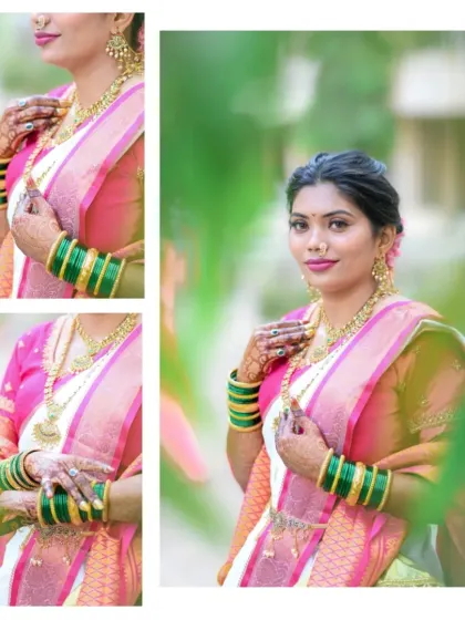 A collage showcasing the bride's beautiful pink and white saree and her traditional green glass bangles.