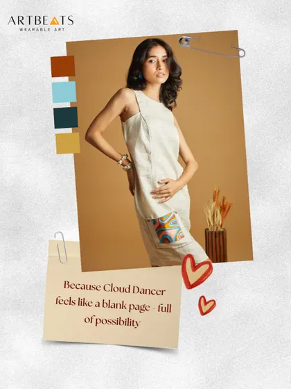 Cloud Dancer feels like a blank page, full of possibility. This linen dress with its colorful art pocket embodies that spirit of creative potential.