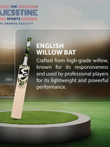 This English Willow bat, used by professionals, is known for its responsiveness and powerful performance due to its high-grade, lightweight construction.