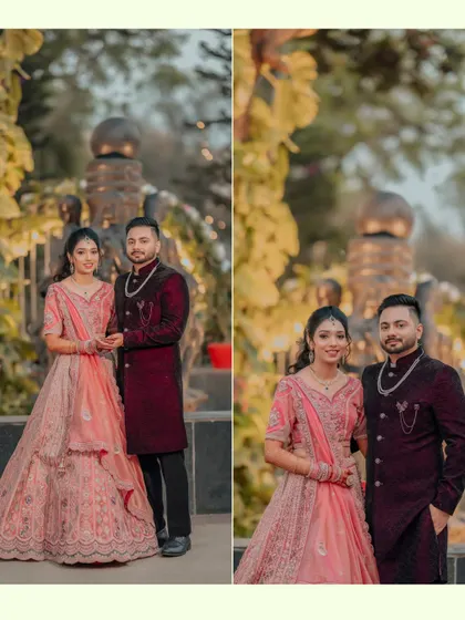 A diptych of the couple posing in the lush, golden-hour light. These portraits showcase their coordinated outfits and the romantic ambiance of their outdoor ring ceremony venue.