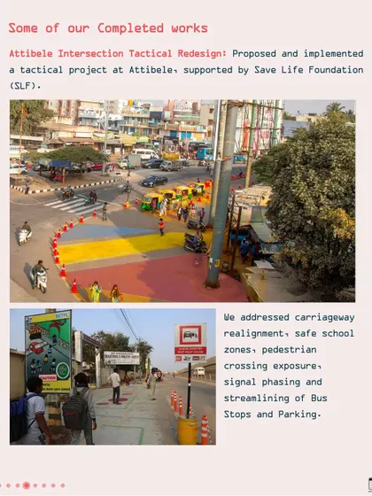 Our tactical urbanism intervention at the Attibele Intersection in Bengaluru. Using low-cost, high-impact design solutions like colorful paint and bollards, we created safer school zones and pedestrian crossings, demonstrating how small changes can make a big difference in road safety.