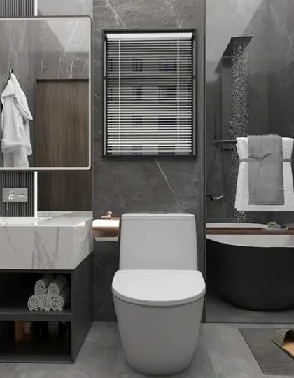 A second render of our dark and modern bathroom, offering another angle on the layout that includes a freestanding tub and a sleek, wall-mounted toilet.