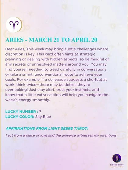 This week's tarot reading for Aries. The reading may bring subtle challenges where discretion is key. Be mindful of any secrets or unresolved matters around you.
