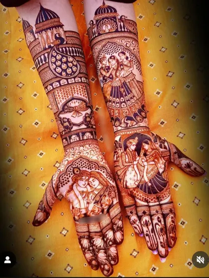 A full-story bridal mehndi with multiple scenes, including couple portraits and traditional wedding rituals.