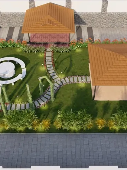 An aerial 3D view of a garden layout with two gazebos, a central seating area, and carefully planned pathways, demonstrating our expertise in large-scale landscape planning.