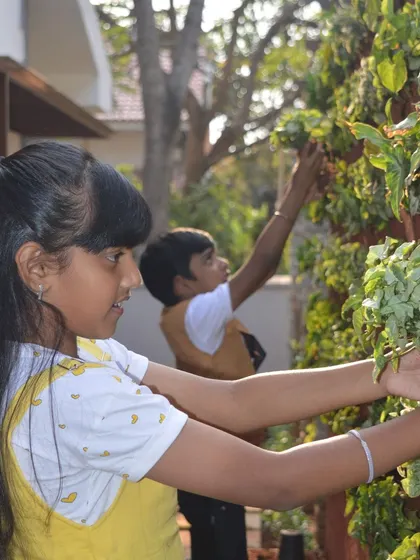 Getting your hands dirty is part of the fun. This photo captures a moment of learning and connection as the kids participate in building their own green wall.