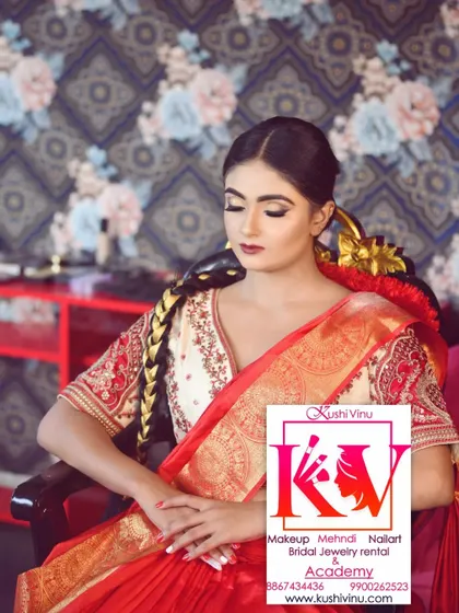 This shows a more serene and simple bridal style. The makeup is understated, with a focus on clean skin and defined eyes, paired with a simple braid for an elegant and timeless look.