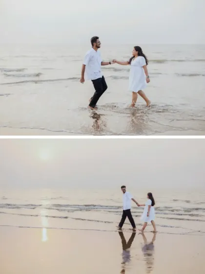 Two images capturing the couple's joyful walk along the shoreline, hand in hand. The reflection in the lower photo adds a beautiful touch.