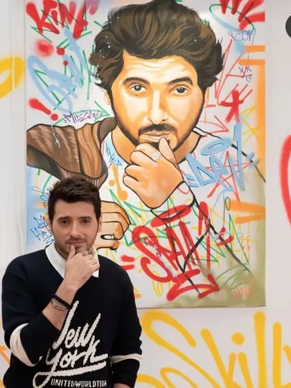 Divyenndu striking the same pose as his portrait. It was dope to see him vibe with the art like that. This was part of the Uni-ball campaign.