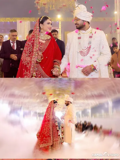A collage of the couple during their Varmala ceremony, captured with rose petals showering down and a creative blur effect.