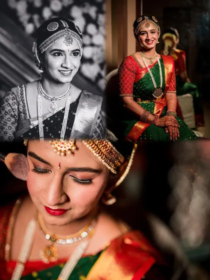 A collage of the bride getting ready, capturing her final look in both color and black and white.