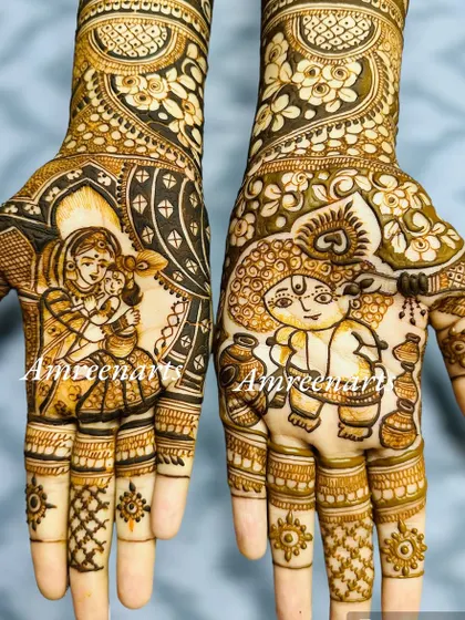 A playful and divine baby shower mehandi. This design features portraits of Yashoda with baby Krishna and the mischievous Bal Krishna, celebrating the joy of motherhood.