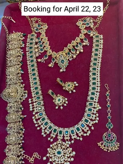 This stunning emerald bridal set has been booked for an upcoming wedding. The vibrant green is a fantastic choice for both muhurtham and reception events.