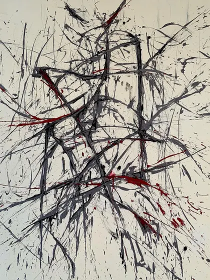 This abstract painting, also for the film "CHUP," features a chaotic web of black and red lines. The work is purely expressive, focusing on movement and tension.