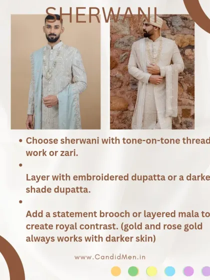 The guide to pastel sherwanis. Choose tone-on-tone thread work and layer with an embroidered or darker dupatta for a royal contrast.