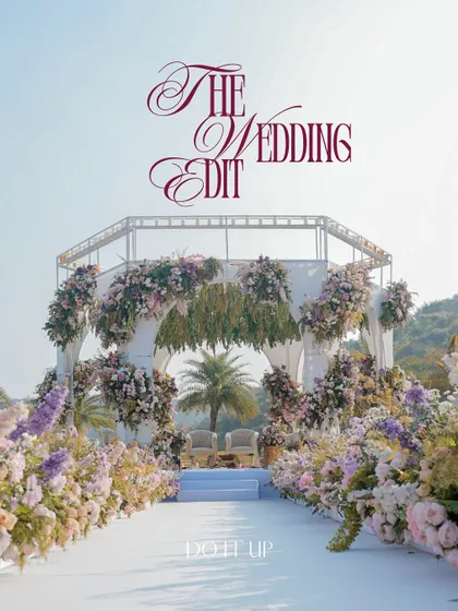 The 'Wedding Edit' of our Udaipur project, showcasing the grand, octagonal mandap structure. The design combines modern architecture with lush, romantic floral styling.