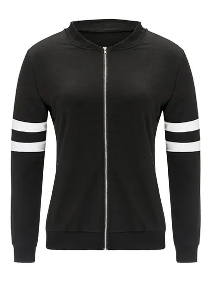 A standard e-commerce product shot of a black zip-up jacket with white stripes on the sleeves, presented on a ghost mannequin for a perfect, body-like shape.