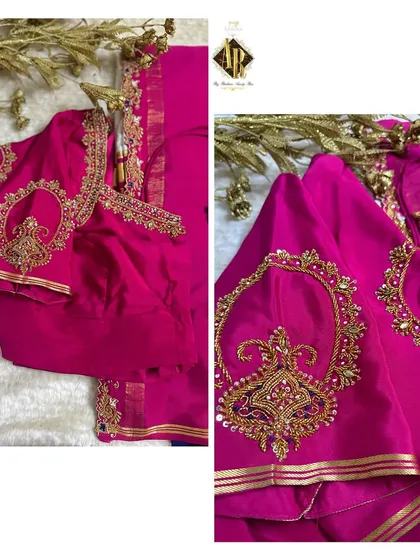 A bright pink blouse with large, traditional motifs embroidered on the sleeves. This kind of bold work is perfect for making a statement at a wedding or festival.