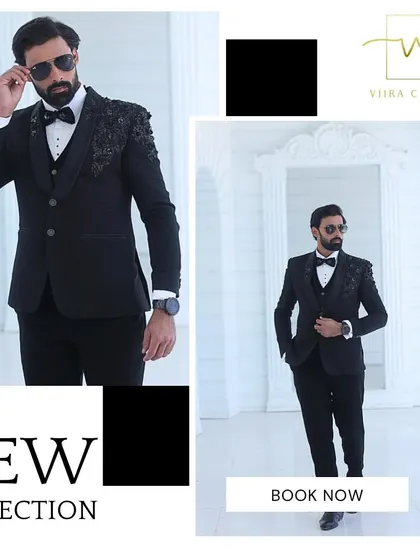 A collage showcasing our new black embroidered tuxedo, a key piece in our groom's wear collection. Book a consultation to design your own.