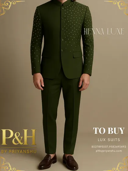 A detailed shot of the olive green Jodhpuri, highlighting the precise placement of the hand-embroidered studs.