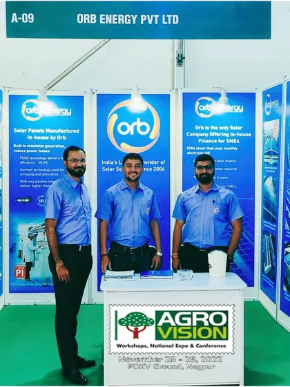 Our team at the Agrovision Expo 2022 in Nagpur. We connect with agri-businesses to show how our in-house finance and high-efficiency panels can make them more profitable.