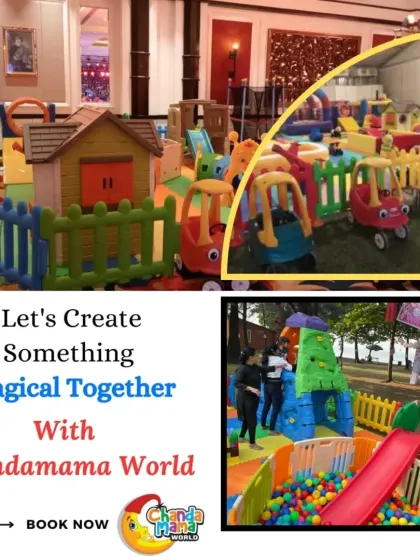 Let's create something magical together. This collage shows a large indoor setup with ride-on cars and a playhouse, alongside an outdoor setup with a climbing wall and ball pit.