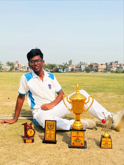 Rishabh Singh with his collection of trophies after being named Player of the Series in the Summer Cricket Cup.