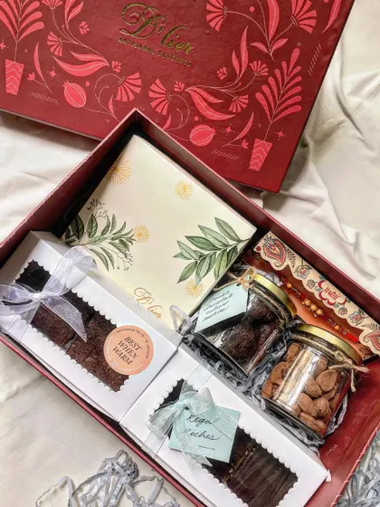 Our Premium Rakhi Hamper, elegantly boxed and filled with a curated selection of our best-selling truffles, brownies, cookies, and almonds.