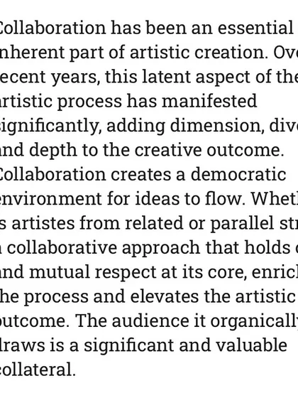 More from the article on 'Mandala', discussing how collaboration creates a democratic environment for ideas to flow and enriches the artistic outcome.