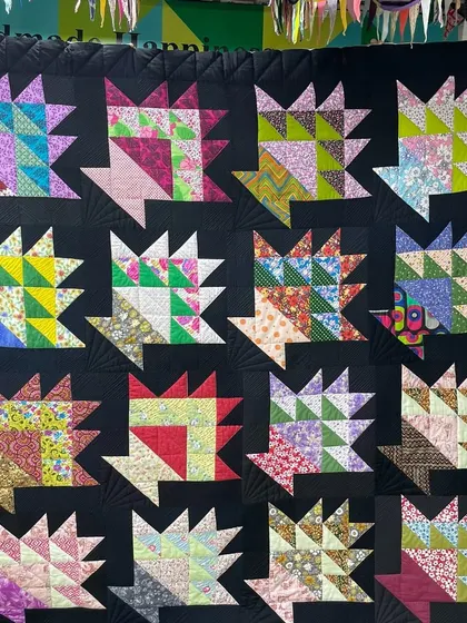 A "Basket" quilt, where each block is pieced to look like a colorful basket, set against a black background.