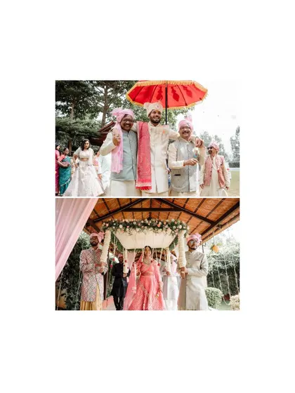 A collage showing the groom's arrival on a horse and the bride's entrance, capturing key moments of the wedding day.