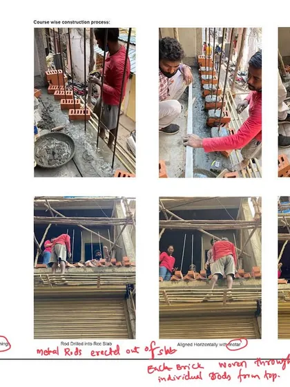 This collage shows the hands-on process of building the 'Brick Weave House'. From on-site mockups to the careful weaving of each brick through metal rods, it demonstrates our commitment to craftsmanship and detail.