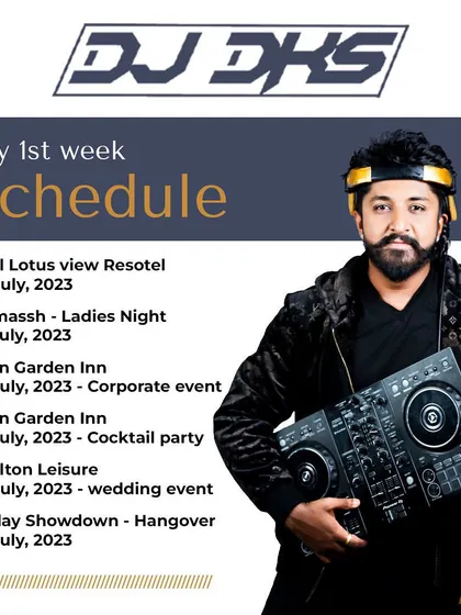 The schedule for the first week of July 2023. My bookings included a ladies' night at Badmassh, a corporate event, a cocktail party, and a wedding at Royalton Leisure.