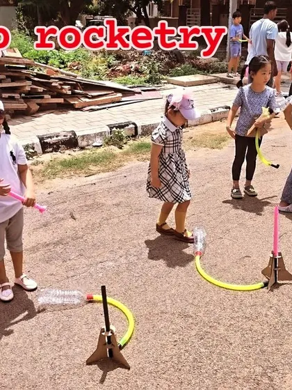Stomp rocketry in action! Kids learn about air pressure and thrust by building and launching their own simple rockets outdoors.