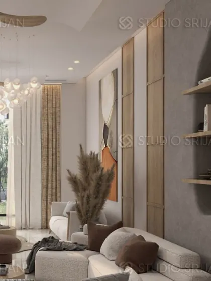 Another view of the Greenwood City living area, showing the use of wood paneling and a large art piece to create a focal point.