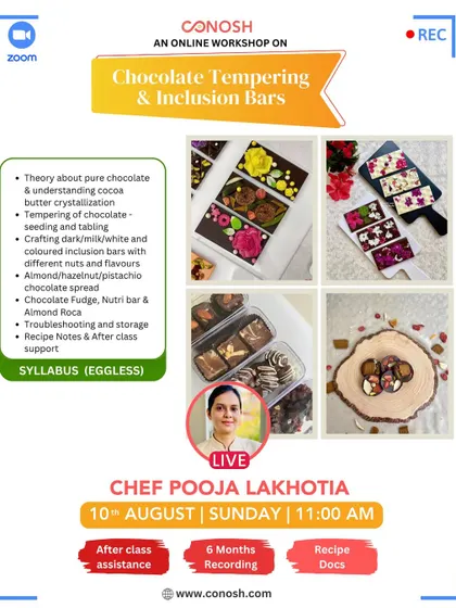 Learn the art of chocolate tempering and creating beautiful inclusion bars. This eggless workshop covers crafting bars with different nuts and flavors, perfect for gifting.