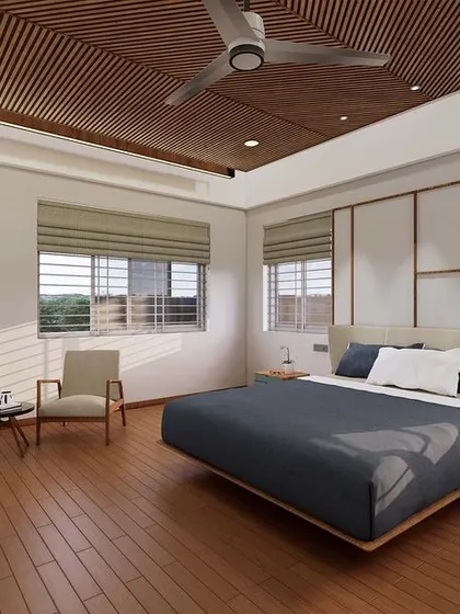 A render showing an alternate color scheme for the minimal luxury bedroom.