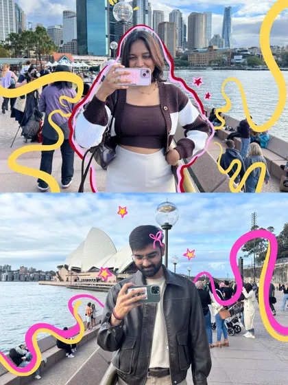 Two kids in brown exploring Sydney. This split photo is tied together with fun, colorful doodles.