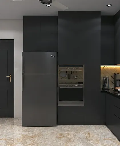 The appliance garage in the dark kitchen concept. The integrated refrigerator and oven are flush with the cabinetry, maintaining the minimalist and seamless design.