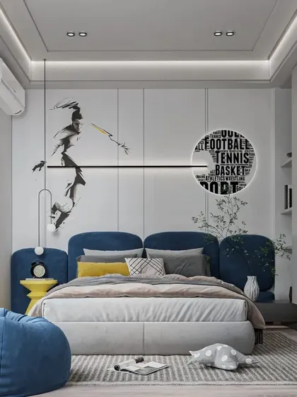 A sports-themed bedroom with a unique headboard and a dynamic graphic of a tennis player. The blue beanbag and minimalist decor create a cool and modern space for a young athlete.