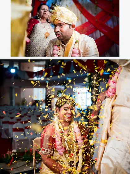 A collage showing the bride's happiness as she's showered with flower petals by the groom and guests, a moment of pure celebration.
