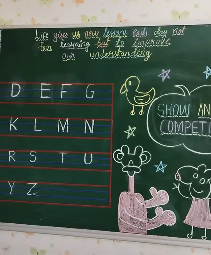 The blackboard decorated for our 'Show and Tell' competition, setting a creative and encouraging atmosphere for our young speakers.