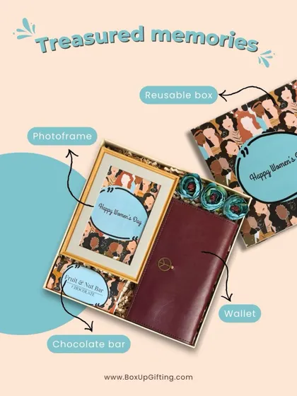 The "Treasured Memories" hamper is a classy gift for Women's Day. It includes a wallet, a photo frame, a chocolate bar, and a reusable box with custom artwork.