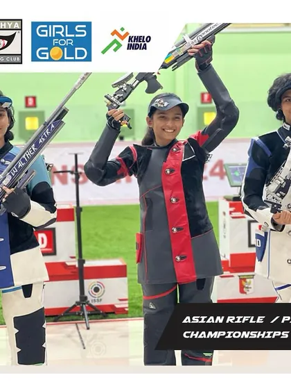 A clean sweep for Lakshya and for India. Our athletes Isha Taksale, Khyati Choudhary, and Anvii Rathod won Gold, Silver, and Bronze respectively at the Asian Rifle/Pistol Championship in Jakarta, dominating the 10m Air Rifle Women Junior event.