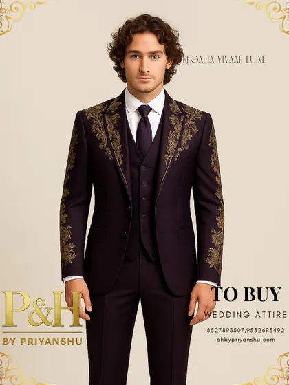 This three-piece suit in a rich, dark purple is my interpretation of a modern classic for receptions and grand evening events. I used premium Italian fabric for a sharp, tailored fit and adorned the lapels and sleeves with opulent golden hand-embroidery for a touch of regal drama.