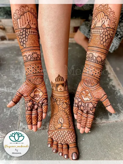 A complete bridal mehendi set, showing the coordinated designs on the hands and feet.